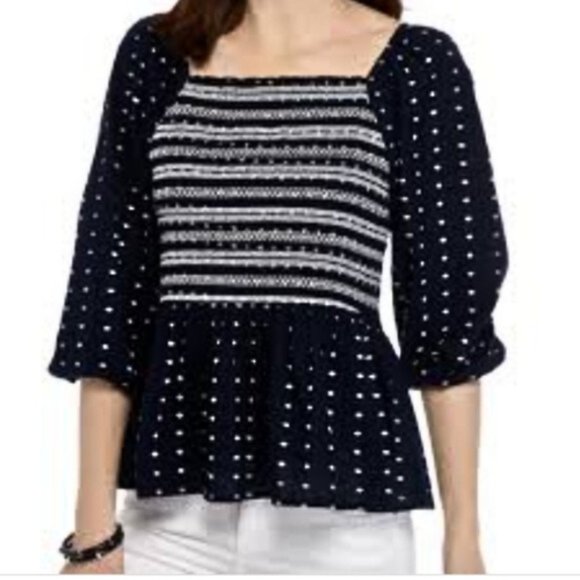crown & ivy Tops - CROWN & IVY Blue & White Embroidered Smock Top, L, NWOT!